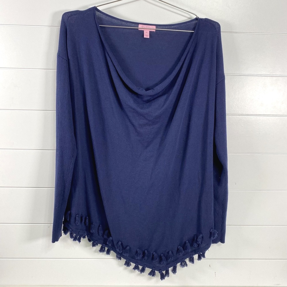 Lilly Pulitzer Sweater Womens Medium Navy‎ Cowl Neck Tassel Hem Pullover 24611